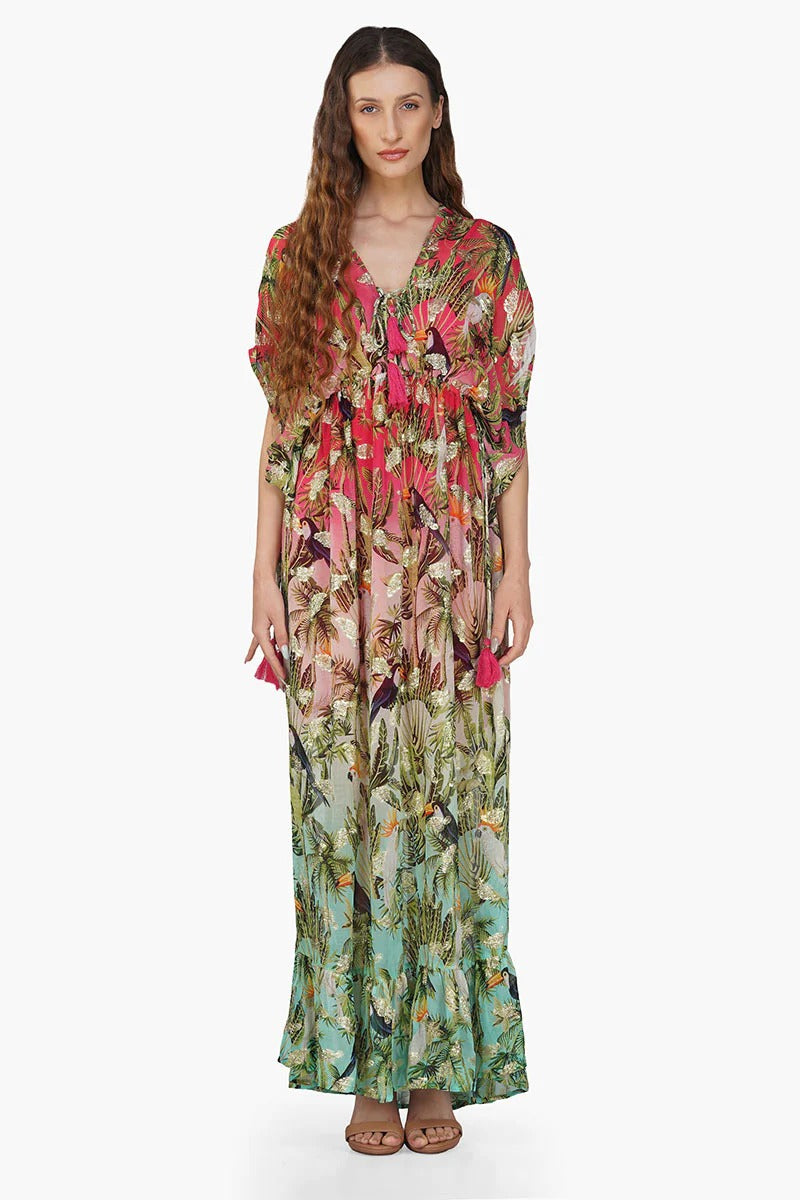 Set of 6 Farm Chirping Birds Printed Angle Maxi Dress (S,M,L)