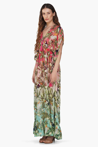 Set of 6 Farm Chirping Birds Printed Angle Maxi Dress (S,M,L)