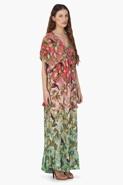 Set of 6 Farm Chirping Birds Printed Angle Maxi Dress (S,M,L)