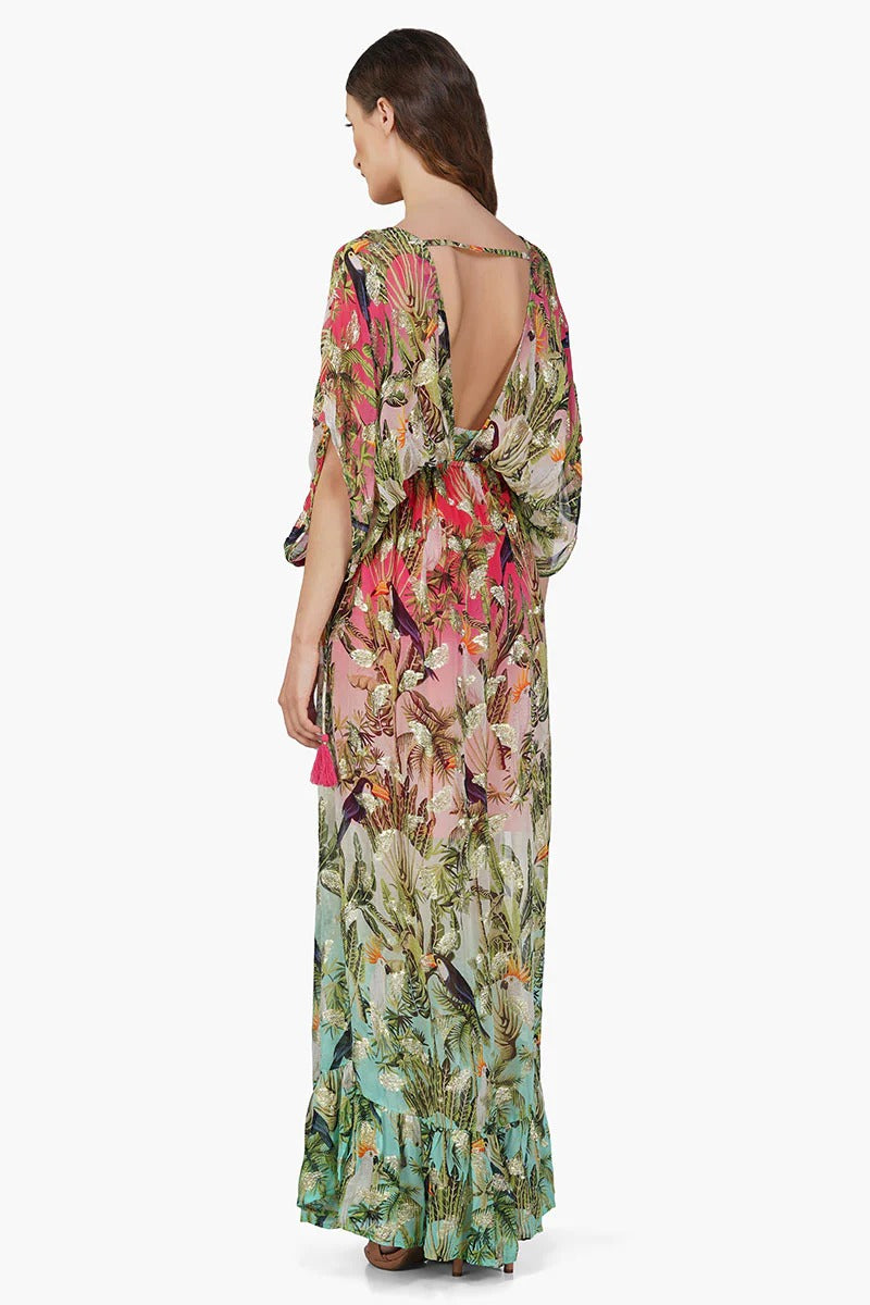 Set of 6 Farm Chirping Birds Printed Angle Maxi Dress (S,M,L)