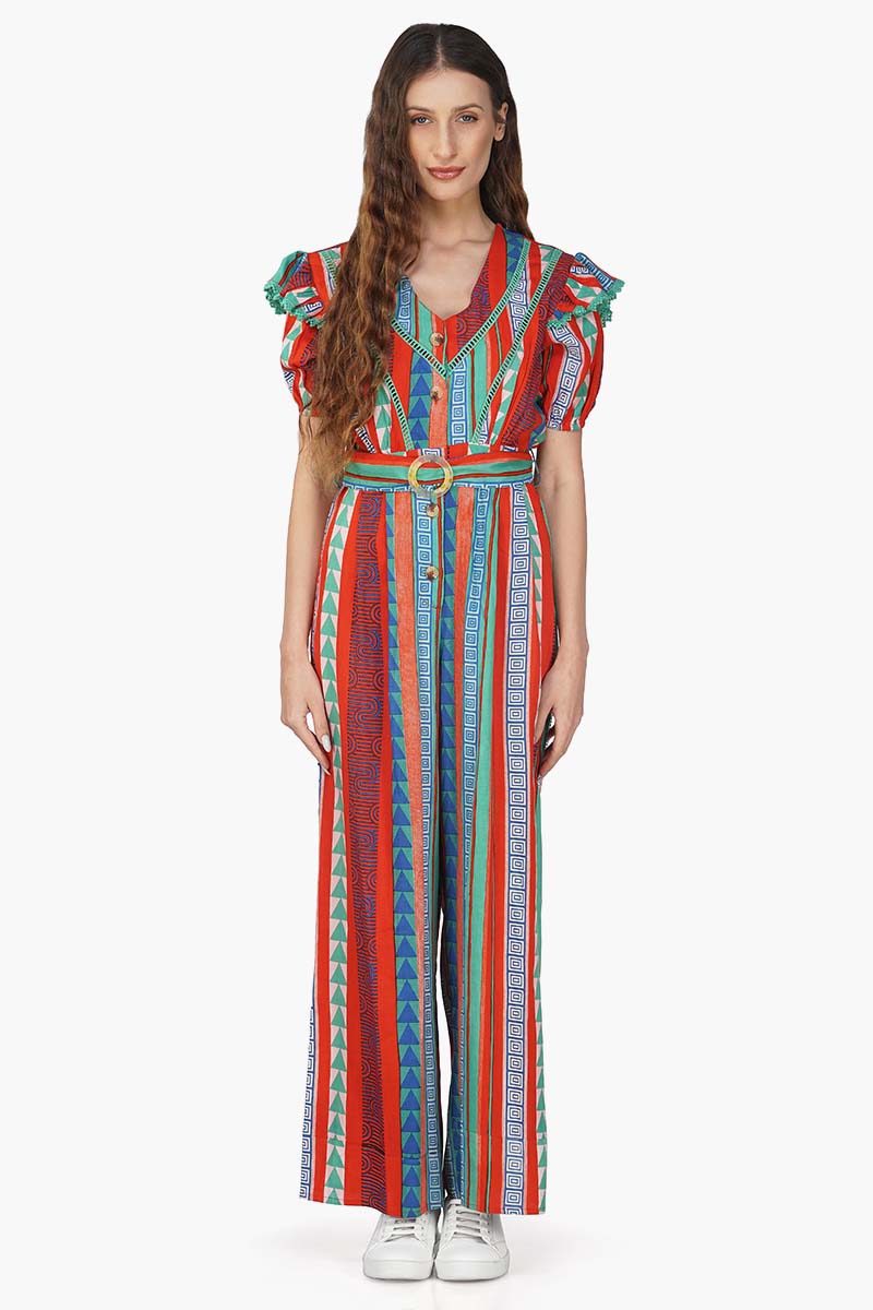 Set of 6 Ruby Aztec Printed Strip Jumpsuit  (S,M,L)