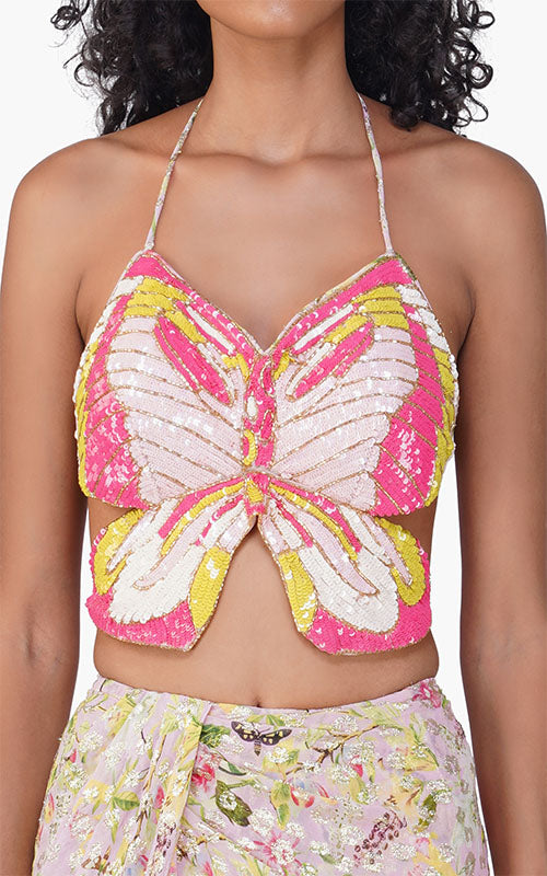 Mystic Pink Butterfly Embellished String Ties Top