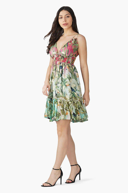 Set of 6 Farm Chirping Birds Printed Mini Dress (S,M,L)