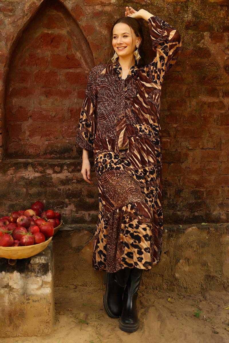 Set of 6 Brown Animal Patch Print Maxi Dress (S,M,L)