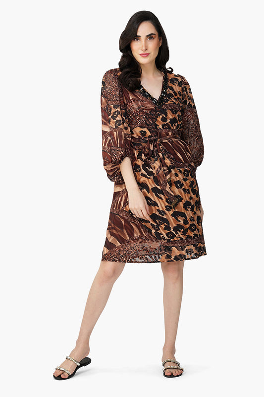 Set of 6 Brown Animal Patch Print Short Dress (S,M,L)