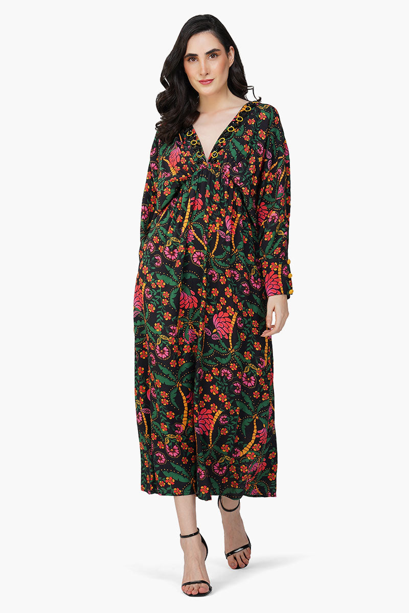 Set of 6 Black Autumn Flora Embellished Maxi Dress (S,M,L)