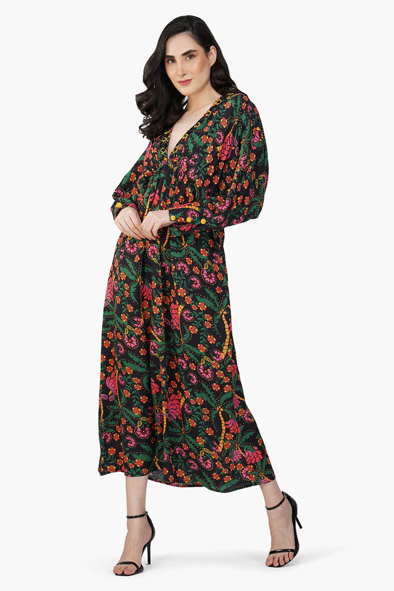 Set of 6 Black Autumn Flora Embellished Maxi Dress (S,M,L)