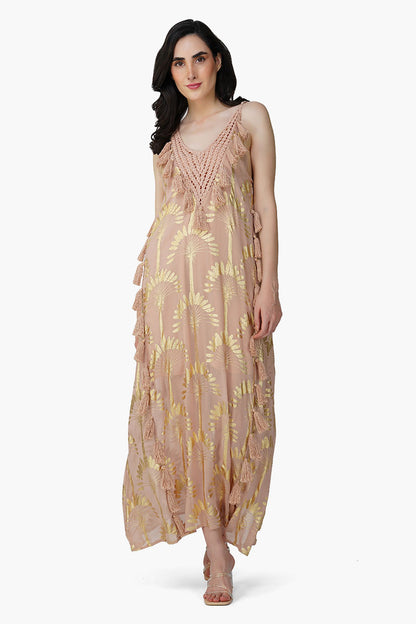 Set of 6 Golden Taupe Foil Printed Strap Maxi Dress (S,M,L)