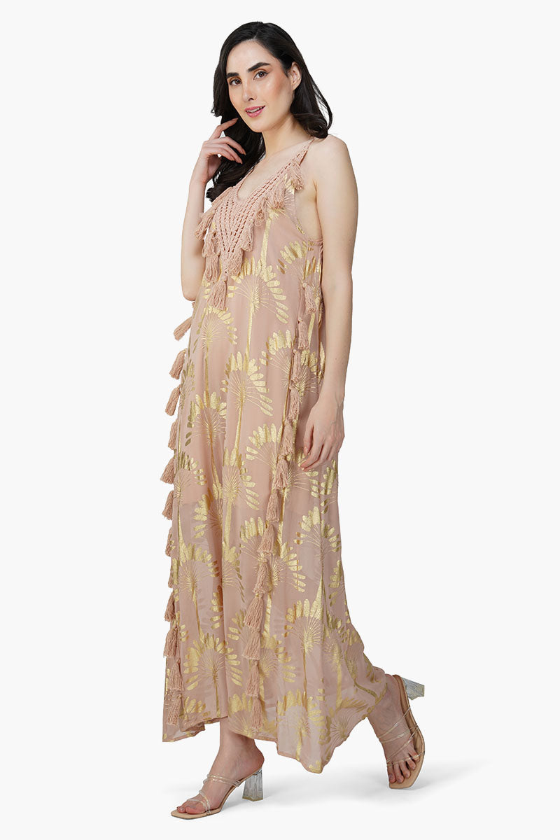 Set of 6 Golden Taupe Foil Printed Strap Maxi Dress (S,M,L)