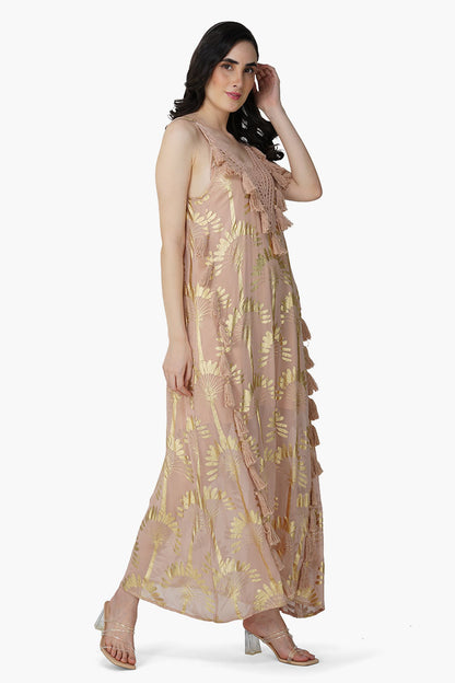 Set of 6 Golden Taupe Foil Printed Strap Maxi Dress (S,M,L)