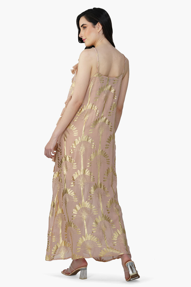 Set of 6 Golden Taupe Foil Printed Strap Maxi Dress (S,M,L)