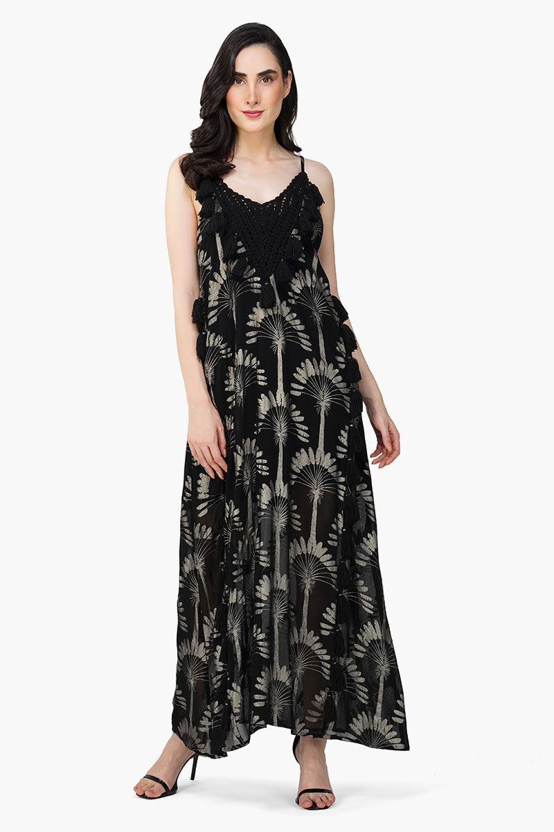 Set of 6  Silver Black Foil Printed Strap Maxi Dress (S,M,L)