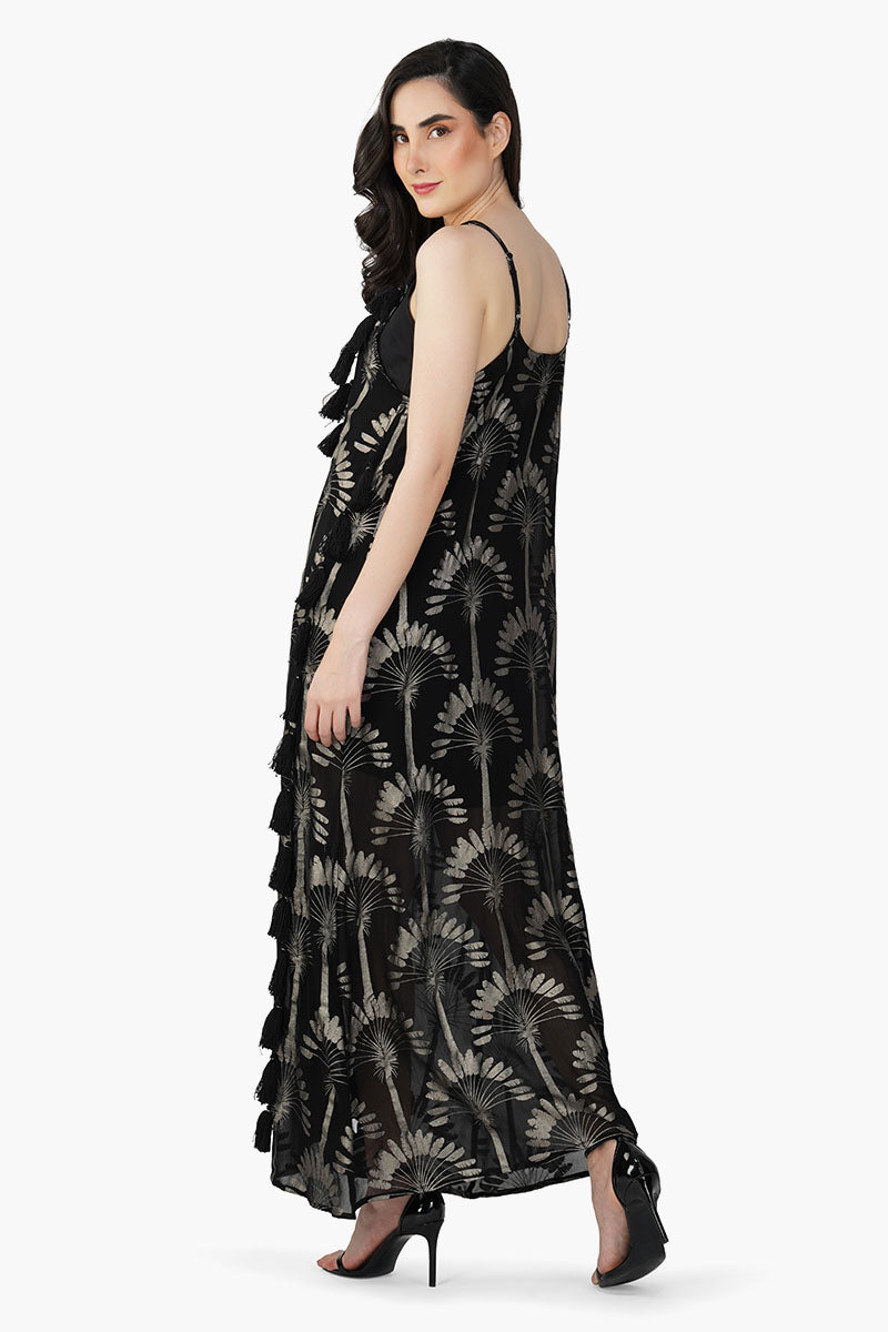 Set of 6  Silver Black Foil Printed Strap Maxi Dress (S,M,L)