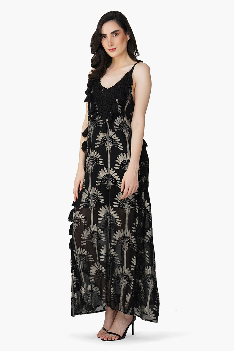 Set of 6  Silver Black Foil Printed Strap Maxi Dress (S,M,L)