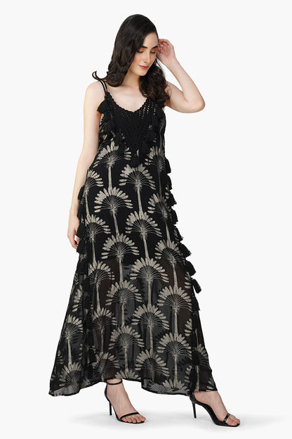 Set of 6  Silver Black Foil Printed Strap Maxi Dress (S,M,L)