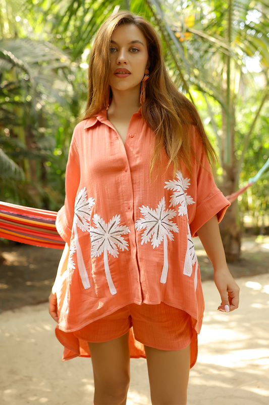 Set of 6 Baga Coral Palm Embellished Cover Up Shirt (S,M,L)