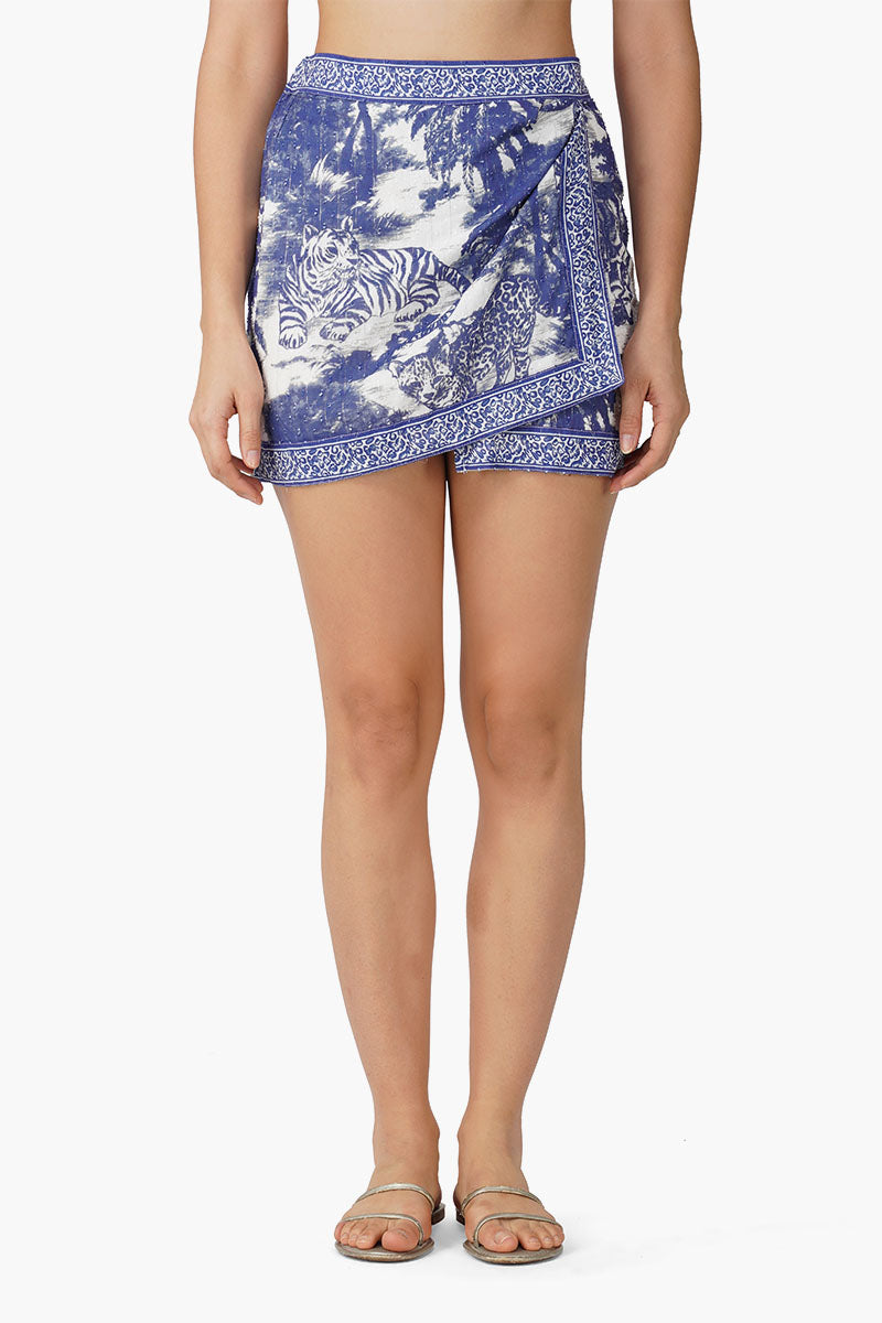 Set of 6 Midnight Blue Jungle Printed Overlap Short Skirt (S,M,L)