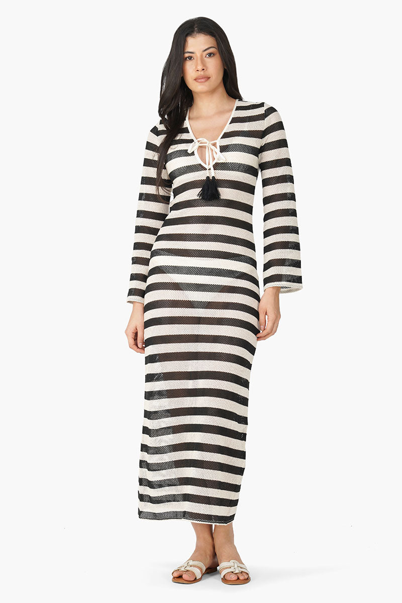 Set of 6 Charcoal Stripe Crochet Long Dress (S,M,L)