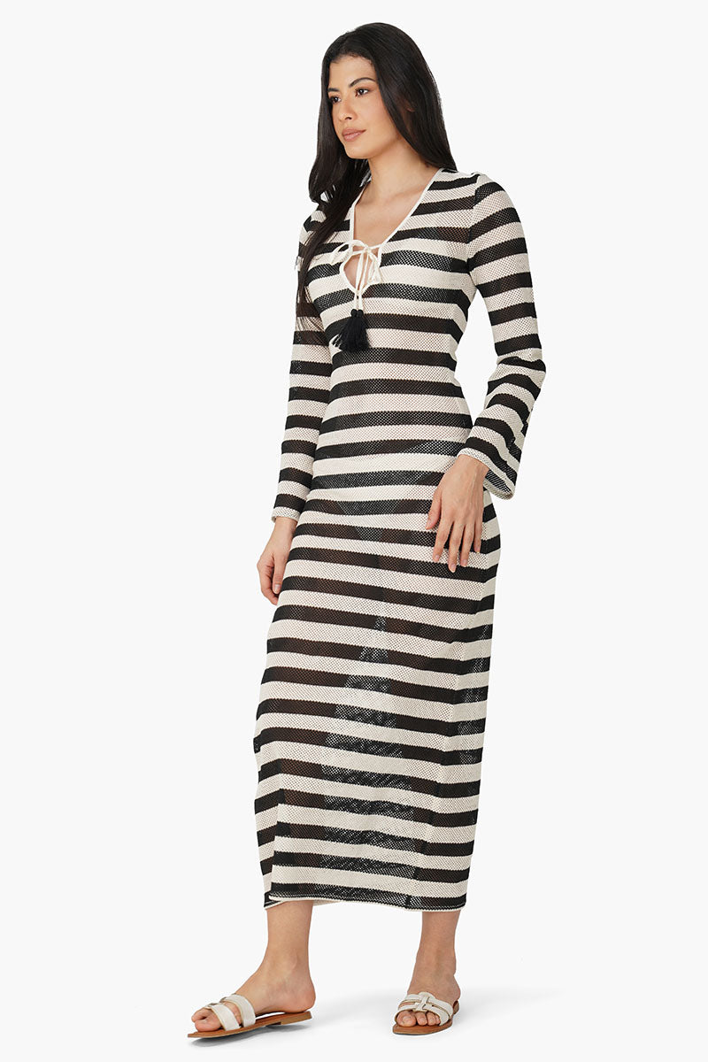 Set of 6 Charcoal Stripe Crochet Long Dress (S,M,L)