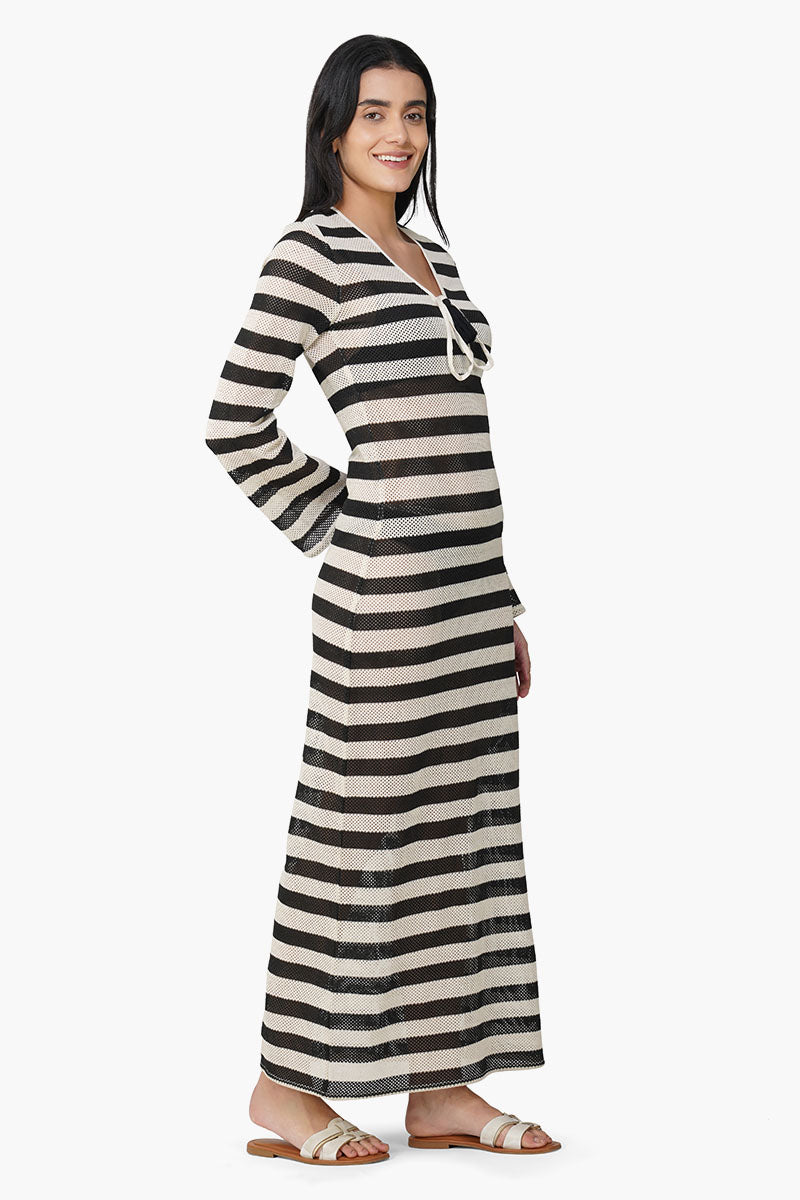 Set of 6 Charcoal Stripe Crochet Long Dress (S,M,L)