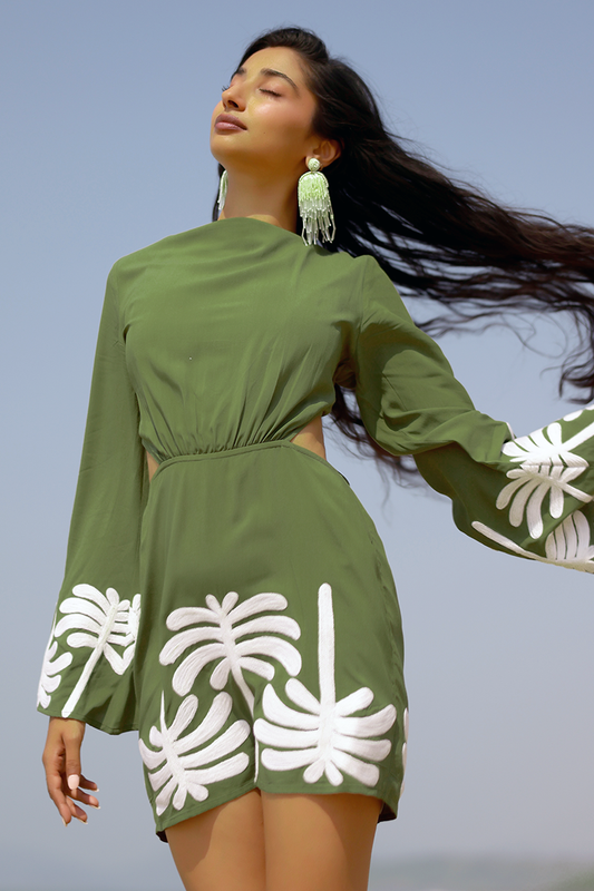 Set of 6 Palm Tree Embroidered Olive Dress(S, M & L)