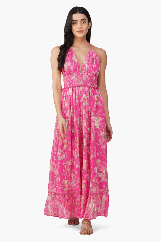 Set of 6 Carnation Pink Leaf Printed Halter Dress (S,M,L)