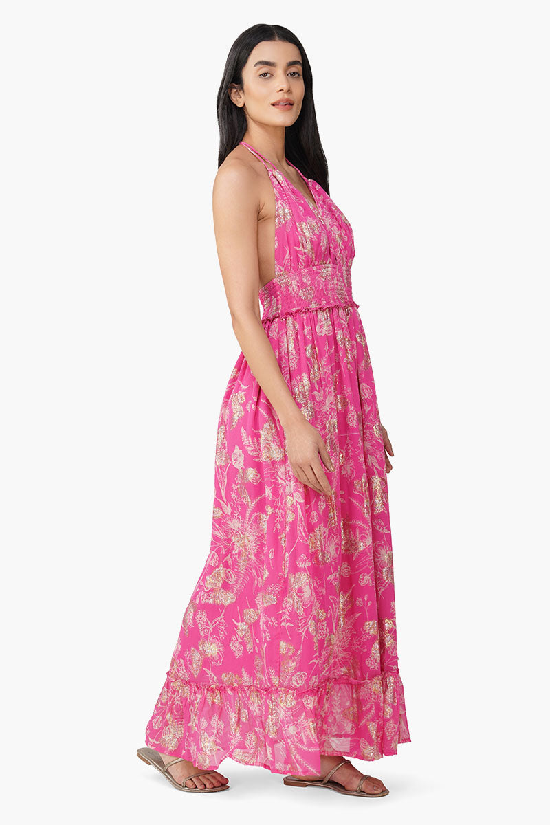 Set of 6 Carnation Pink Leaf Printed Halter Dress (S,M,L)