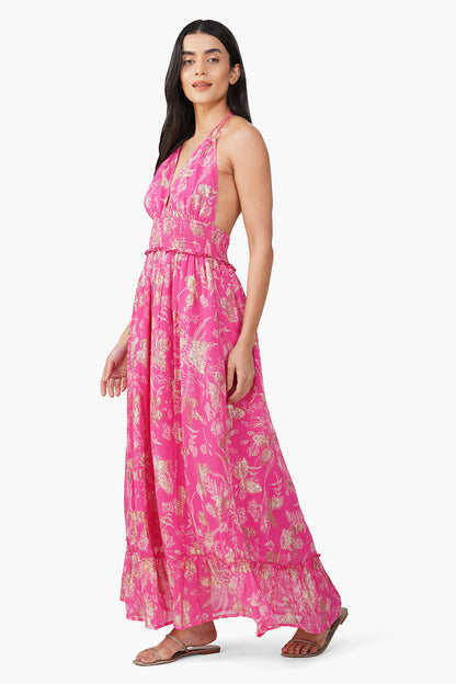 Set of 6 Carnation Pink Leaf Printed Halter Dress (S,M,L)