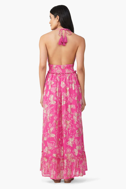 Set of 6 Carnation Pink Leaf Printed Halter Dress (S,M,L)