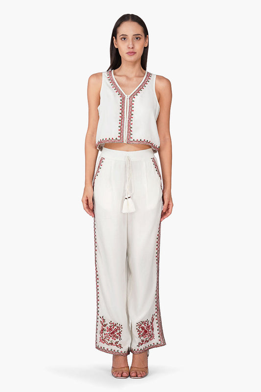 Set of 6 Beige Rose Bloom Embroidered Pants (S, M & L)
