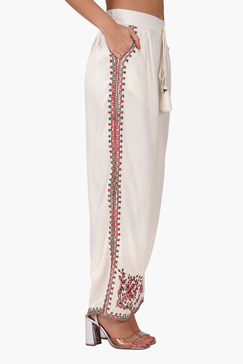 Set of 6 Beige Rose Bloom Embroidered Pants (S, M & L)