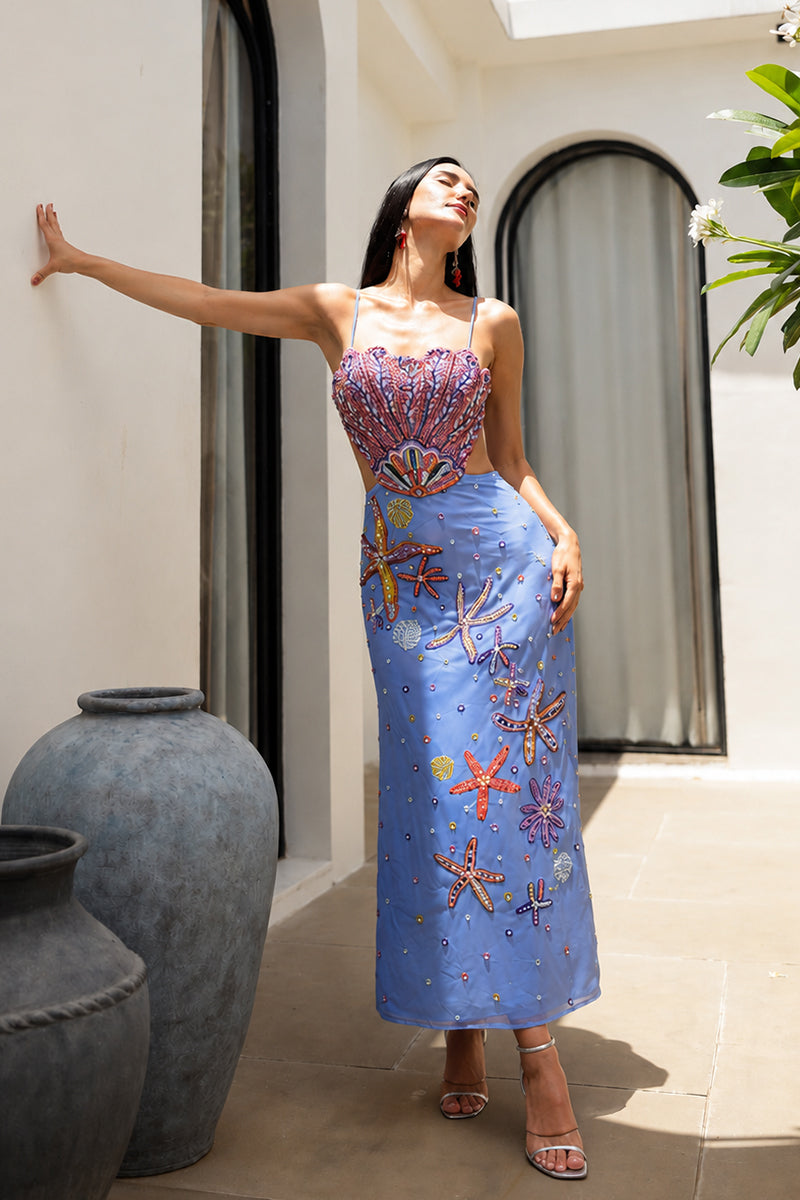 Multi Shell Prism Embellished Long Dress
