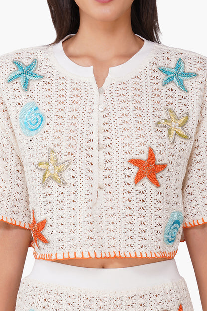 Set of 6 Coastel Patch Crochet Embellished Crop Oversized Shirt (S, M & L)