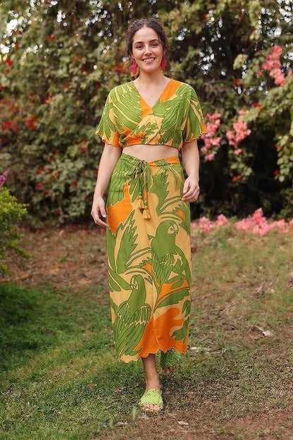 Set of 6 Lime Sun Tucan Printed Wrap Top (S, M & L)