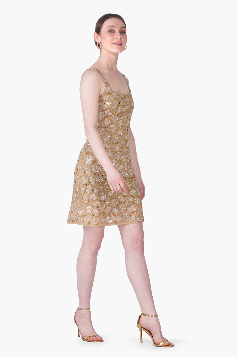 Golden Shell Glam Embroidered Short Dress
