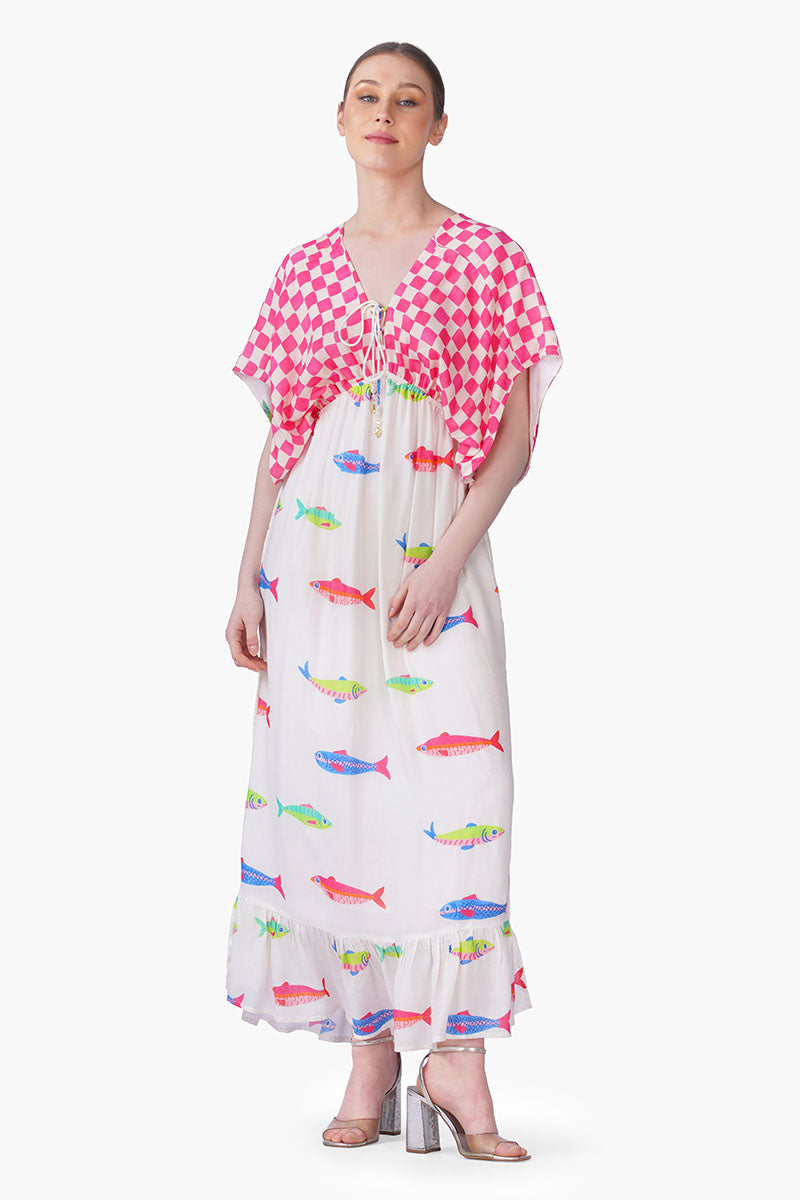 Set of 6 Hand-Drawn Fish Printed Maxi Dress(S, M & L)