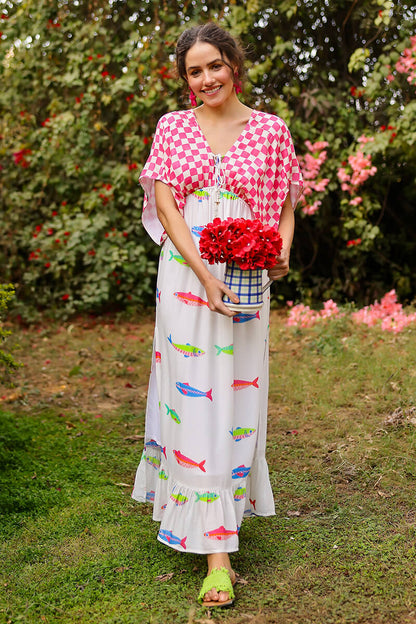Set of 6 Hand-Drawn Fish Printed Maxi Dress(S, M & L)