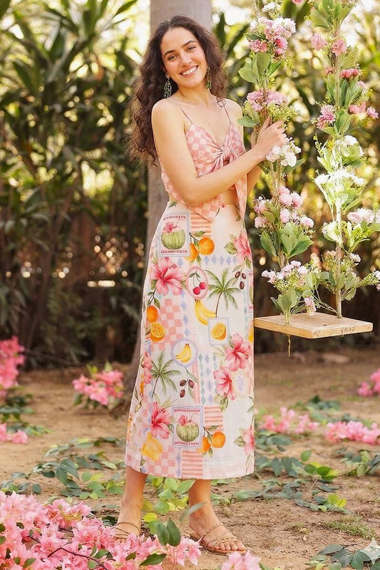 Set of 6 Hibiscus Fruit Print Summer Printed Bow Dress(S, M & L)