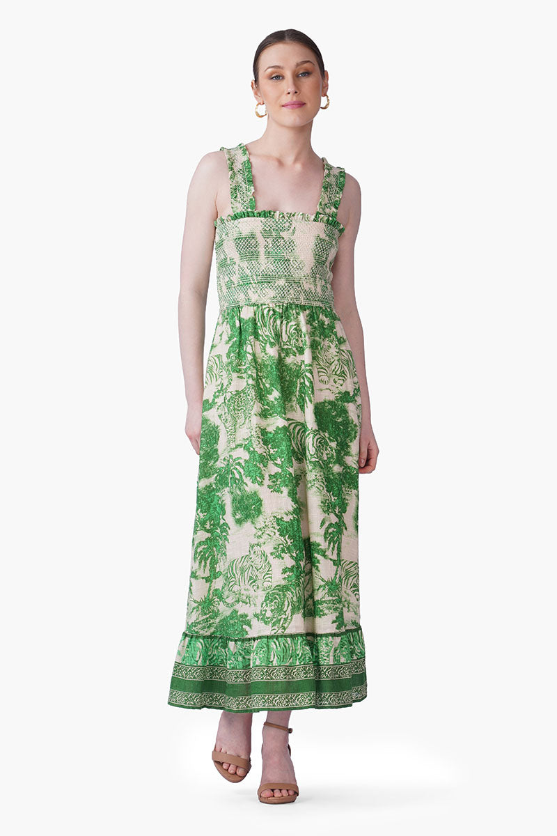Set of 6 Green Forest Safari Print Smocked Long Dress (S, M & L)