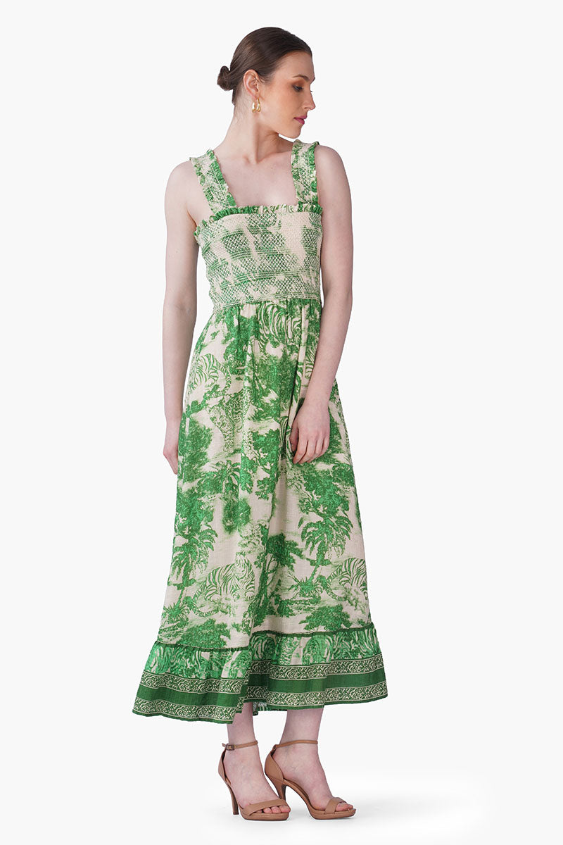 Set of 6 Green Forest Safari Print Smocked Long Dress (S, M & L)
