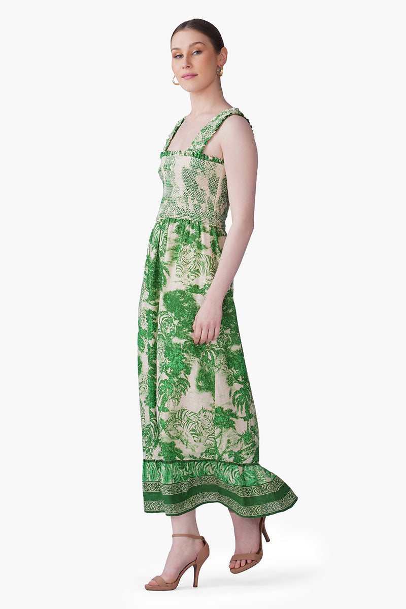 Set of 6 Green Forest Safari Print Smocked Long Dress (S, M & L)