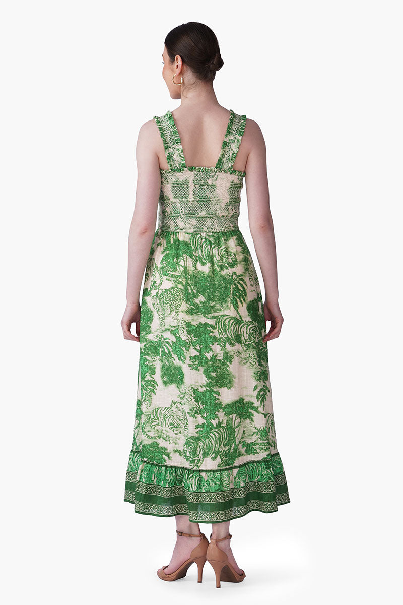 Set of 6 Green Forest Safari Print Smocked Long Dress (S, M & L)