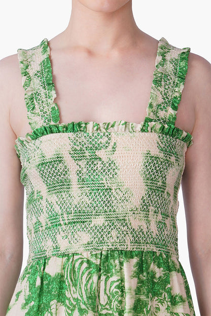 Set of 6 Green Forest Safari Print Smocked Long Dress (S, M & L)
