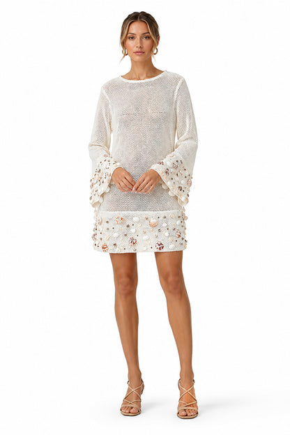Set of 6 White Shell Embellished Couture Crochet Dress (S,M,L)