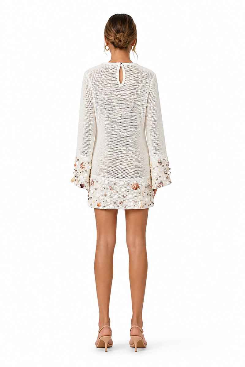 Set of 6 White Shell Embellished Couture Crochet Dress (S,M,L)