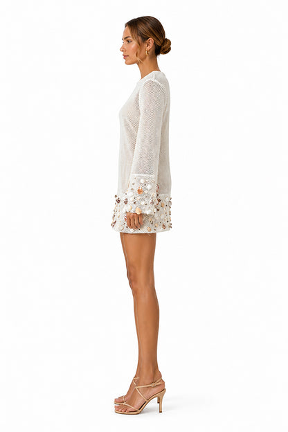 Set of 6 White Shell Embellished Couture Crochet Dress (S,M,L)