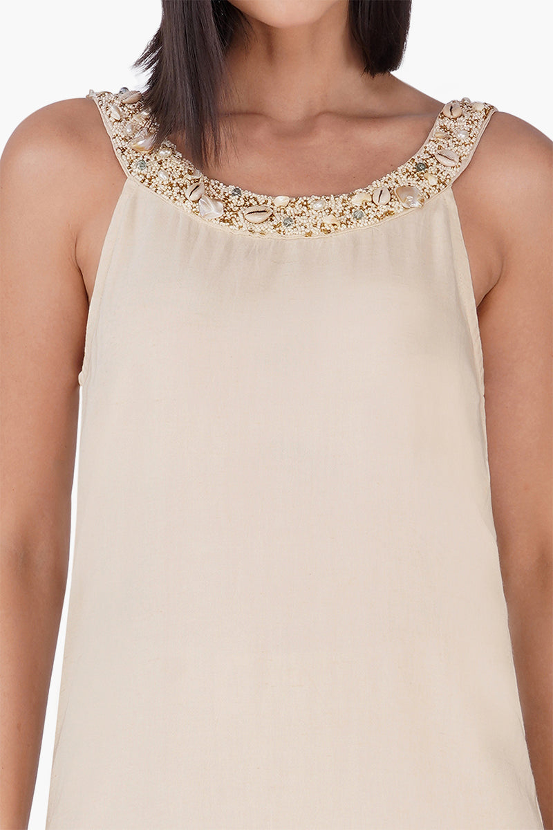 Set of 6 Beige Short Slip On Dress With Pearl Accent Neckline (S,M,L)
