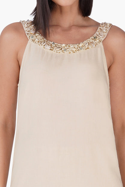 Set of 6 Beige Short Slip On Dress With Pearl Accent Neckline (S,M,L)