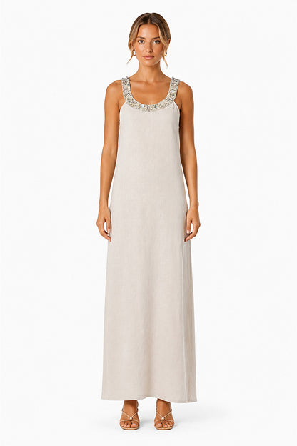 Set of 6 Beige Maxi Dress With Pearl Accent Neckline (S,M,L)