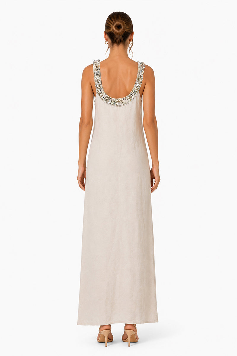 Set of 6 Beige Maxi Dress With Pearl Accent Neckline (S,M,L)
